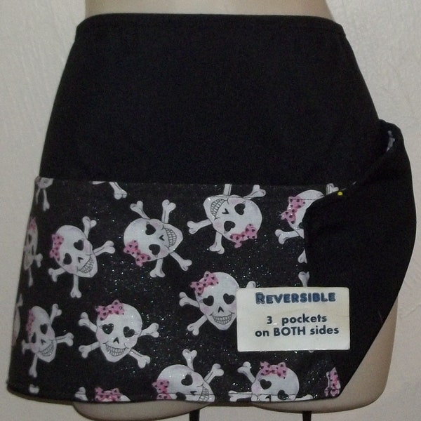 Handmade reversible server waitress waist apron Skulls with Pink Bows with three pockets 6140R