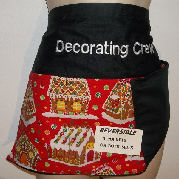 Christmas Gingerbread House Red REVERSIBLE waitress/server aprons 3 pockets both sides 1490 R