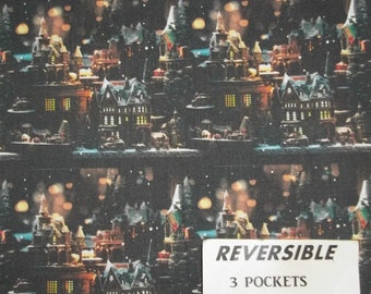 Christmas VILLAGE on Black REVERSIBLE waitress/server aprons 3 pockets on both sides 1190 R