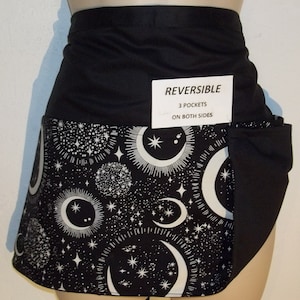 Black & White Celestial Reversible server waitress waiter half apron with three pockets on both sides 6673 R