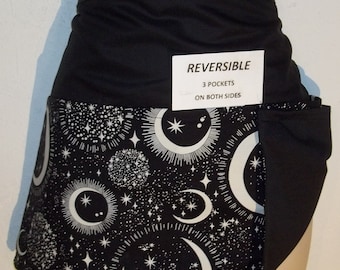 Reversible Black & White Celestial server waitress waiter half apron with three pockets on both sides 6673 R