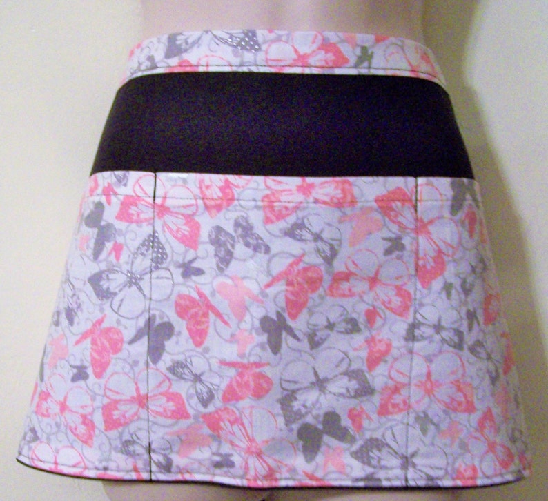 Handmade server waitress waist apron Pink and Silver Butterflies with three pockets 6057