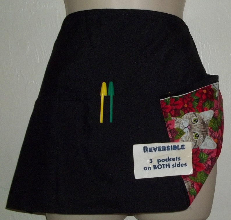 Christmas KITTENS /& POINSETTIAS server waitress waist apron Reversible 3 pockets on each side 1473 R