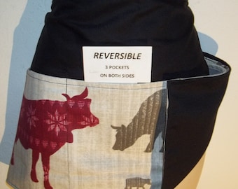 Handmade REVERSIBILE waitress half apron cow silhouettes print with three pockets on both sides 6508 R