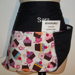 Handmade reversible server waitress waist apron Cupcakes with three pockets on both sides 6050 R image 1
