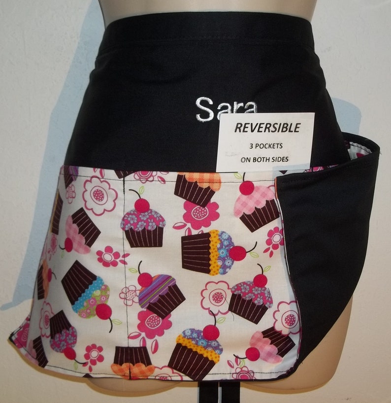 Handmade reversible server waitress waist apron Cupcakes with three pockets on both sides 6050 R image 1