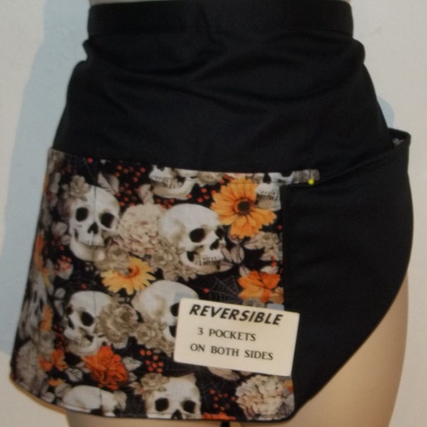 SKULLS w ORANGE FLOWERS Handmade Reversible server waitress half apron with three pockets both sides 6117 R