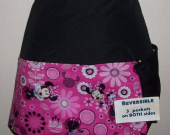 Handmade Reversible server waitress half waist, waiter apron Disney Minnie on Pink with three pockets on both sides 6183 R