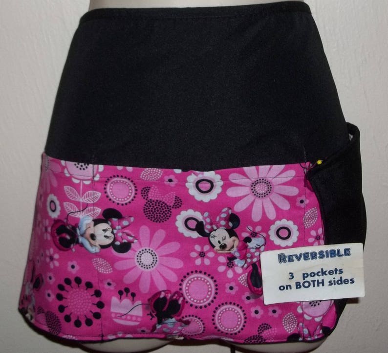 Handmade Reversible server waitress half waist, waiter apron Disney Minnie on Pink with three pockets on both sides 6183 R image 1