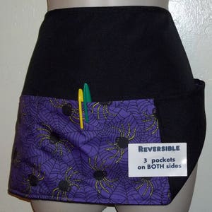 Handmade Reversible server waitress waist waiter apron Halloween Spider & Web on Purple with three pockets 8080 R free embroidery image 1