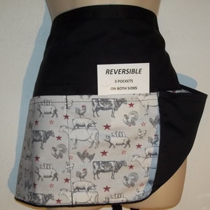 FARM ANIMALS with Stars, Handmade reversible server waitress waist apron with three pockets on both sides 6472 R