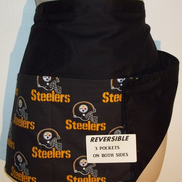 NFL Handmade REVERSIBLE server waitress waist apron Pitts. Steelers on Black with three pockets on both sides 3079 R