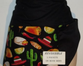 Handmade REVERSIBLE server waitress waist apron TACO's and Mexican treats with three pockets on both sides 6530 R