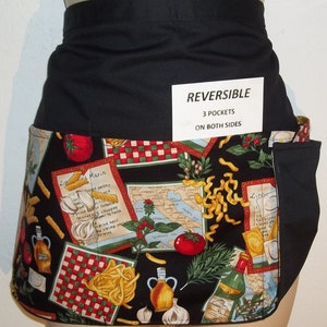Italian Chef Choice,  Handmade Reversible Server waitress waiter half apron with three pockets on both side 6777 R