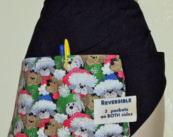 Christmas Puppies in Sparkle hats server waitress waist apron Reversible 3 pockets on each side 1477 R