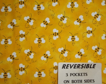 Handmade Reversible HONEY BEES server waitress half apron with three pockets on both sides 6691 R