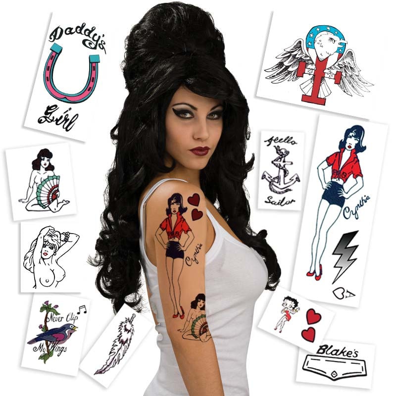 Beehive Wig & Temporary Tattoos for Rehab Singer Costume / Easy Halloween Costume / Made in the USA / Removable