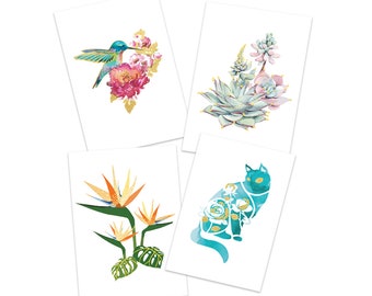 Elegant Botanical Nature (4-Pack) Tatouages temporaires | Chat Colibri Oiseau de Paradis Agave Gold Body Art |  Fabriqué aux États-Unis | Sans danger pour la peau