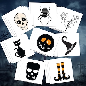Halloween Temporary Tattoos: Skull, Cat, Spider - 32 Pack