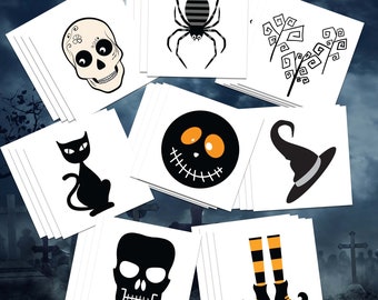 Halloween Temporary Tattoos: Skull, Cat, Spider - 32 Pack
