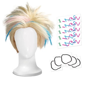 Cosplay Temporary Tattoos plus Wig for Weird Doll Fans / Easier than make-up / Perfect for Halloween / Blonde wig with blue & pink streaks