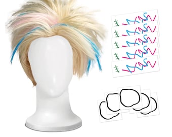 Cosplay Temporary Tattoos plus Wig for Weird Doll Fans / Easier than make-up / Perfect for Halloween / Blonde wig with blue & pink streaks