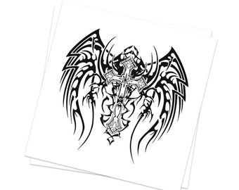 Grande croix ailée gothique de 10 po x 10 po Tatouages temporaires (pack de 2) | Skin Safe | Fabriqué aux États-Unis| Amovible