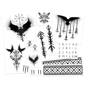 Viking Temporary Tattoos: Raven, Runes - Halloween Renfaire Cosplay Kit