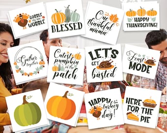 Pack de fête de tatouage temporaire de Thanksgiving | Pack de 24 images et phrases sur le thème de l’automne | Décor de fête parfait | | sans danger pour la peau | FABRIQUÉS AUX ÉTATS-UNIS Amovible