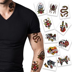 American Traditional Pack Temporary Tattoos | Pack of 10 | Skin Safe | MADE in the USA | Removable