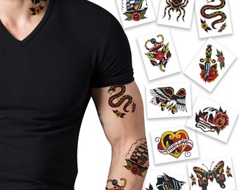American Traditional Pack Temporary Tattoos | Pack of 10 | Skin Safe | MADE in the USA | Removable