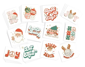 Tatouages temporaires de Noël rétro | Pack de 36 | Couleur avec des reflets métalliques dorés | Skin Safe | Stocking Stuffer Party Favors