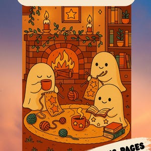 May include: Illustration of three friendly ghosts knitting and reading by a fireplace. The image has the text "COZY SPIRITS" at the top and "3 BONUS PAGES" at the bottom. The ghosts are surrounded by yarn, books, and cups of coffee.