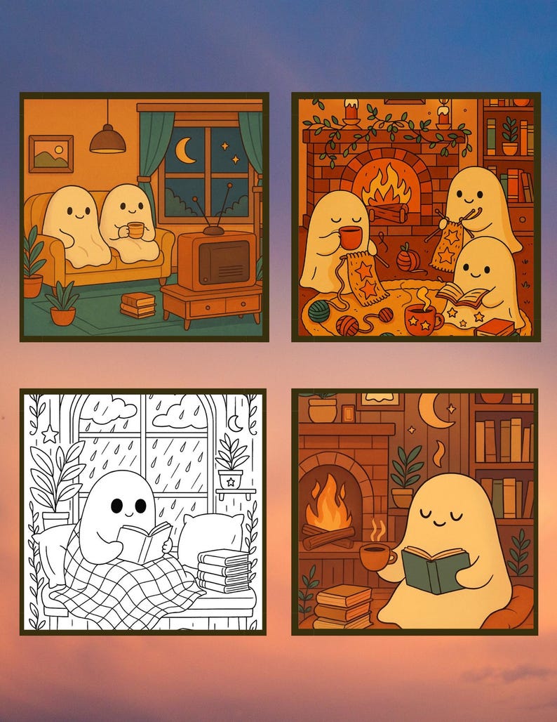 May include: Four square illustrations featuring cartoon ghosts in cozy settings. One shows ghosts on a couch with a TV, another with ghosts knitting by a fireplace, a third with a ghost reading in bed, and the last with a ghost reading by a fireplace.