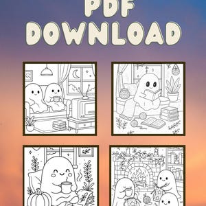 May include: Black and white PDF download featuring four cozy ghost illustrations. Each illustration depicts ghosts in various relaxing scenes, such as reading, drinking tea, and knitting, with the text "PDF DOWNLOAD" at the top.