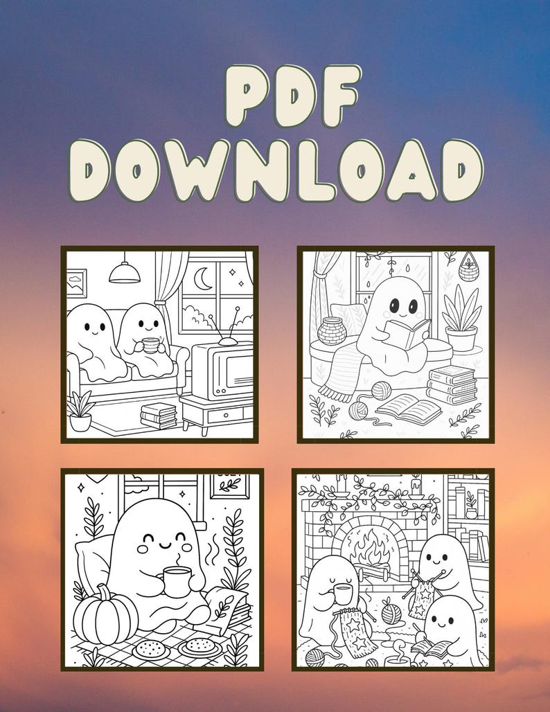 May include: Black and white PDF download featuring four cozy ghost illustrations. Each illustration depicts ghosts in various relaxing scenes, such as reading, drinking tea, and knitting, with the text "PDF DOWNLOAD" at the top.