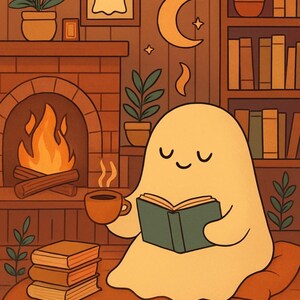 May include: Illustration of a friendly ghost reading a book while holding a cup of coffee. The ghost is sitting on a pillow in a cozy room with a fireplace, bookshelves, and plants. The color palette is warm, with shades of orange and brown.