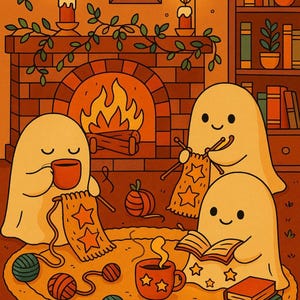 May include: Illustration of three ghost figures gathered around a fireplace. One drinks from a mug, another knits a star-patterned blanket, and the third reads a book. Yarn balls and mugs with stars are scattered on the rug.