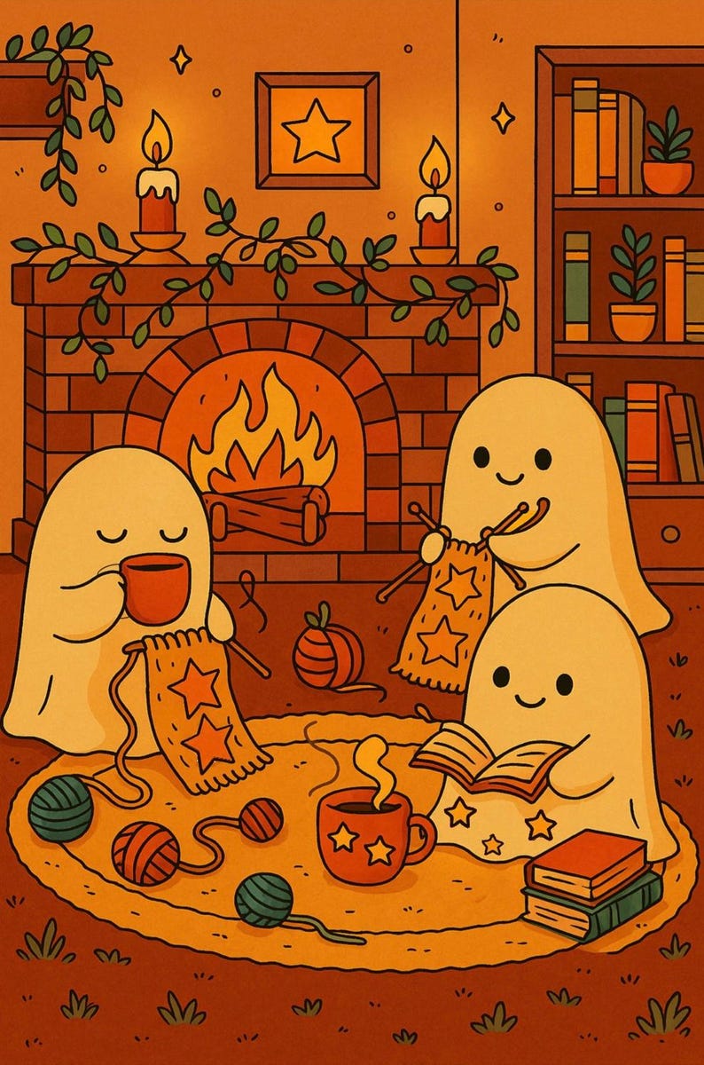 May include: Illustration of three ghost figures gathered around a fireplace. One drinks from a mug, another knits a star-patterned blanket, and the third reads a book. Yarn balls and mugs with stars are scattered on the rug.