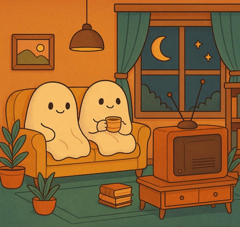 May include: Illustration of two friendly ghosts relaxing on a yellow sofa in a cozy living room. One ghost holds a mug. A vintage television sits on a wooden stand. A window shows a night scene with a crescent moon and stars.