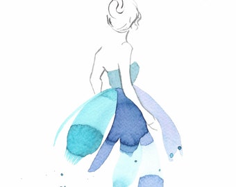 Croquis de mode à l’aquarelle bleue — Impression de dessin au trait femme — Aquarelle au trait — Aquarelle minimale — Esthétique de la décoration de chambre — Affiche de mode
