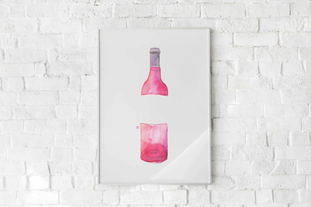 Rosé Wine Bottle No 4 Watercolour Fine Art Print, Wine Painting, Bar