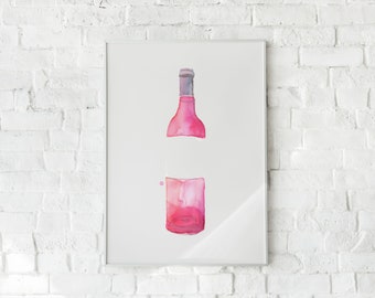 Bouteille de vin rosé no 4 Aquarelle Fine Art Print, Peinture de vin, Décor de chariot de bar, Impression d’art de vin, Art du vin rose, Impression d’art de chariot de bar, Vin rose