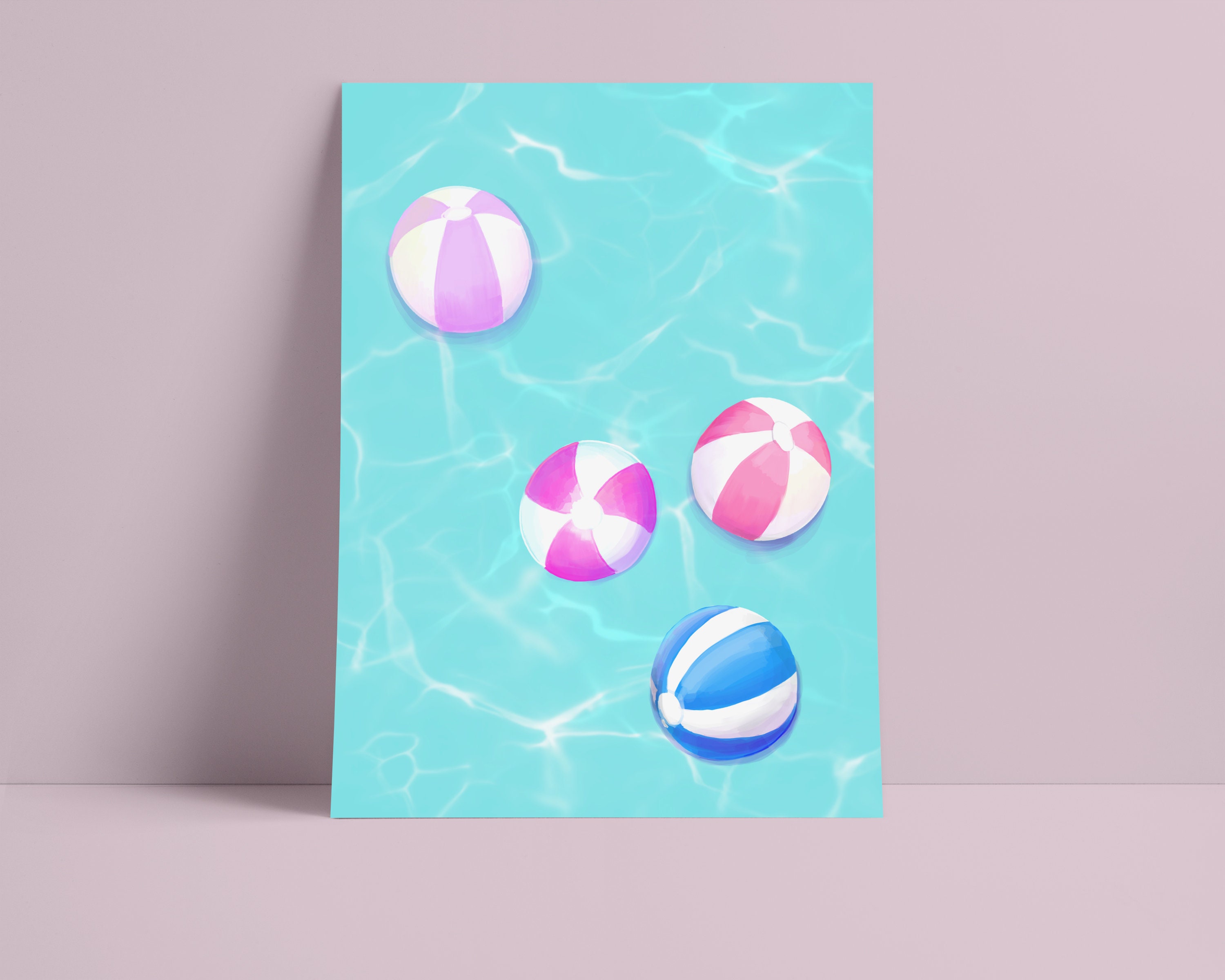 Beach Balls Fine Art Print Illustration, Pool, Summer Art, Poster