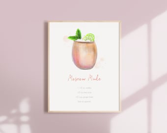 Recette de cocktail mule de Moscou, recette de boisson à l'aquarelle, aquarelles pour cocktails, décoration de cuisine, décoration de chariot de bar, affiche de cocktails classiques
