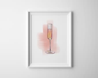 Champagne no 4 Fine Art Print, Wine Sketch, Bar Cart Decor, Champagne Pétillant Illustration, Cadeaux pour les amateurs de vin, Vin mignon, Rosé toute la journée