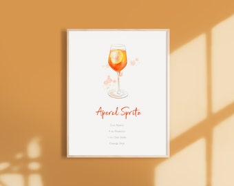 Recette de cocktail Aperol Spritz, recette de boisson à l’aquarelle, art de cocktail à l’aquarelle, décor de cuisine, décor de chariot de bar, affiche de cocktails classiques