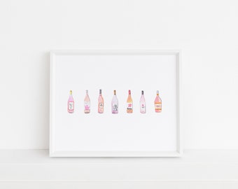 Impression d'art aquarelle vin rose, croquis de vin art bar, illustration aquarelle bouteille de vin art mural pour la maison bar et bureau cuisine