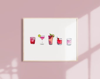 Impression d'art aquarelle cocktails, illustration originale aquarelle cocktail de croquis, art mural cocktail aquarelle décoration de bar