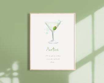 Recette de cocktail Martini, Recette de boisson à l'aquarelle, Art aquarelle de cocktails, Décoration de cuisine, Décoration de chariot de bar, Poster de cocktails classiques